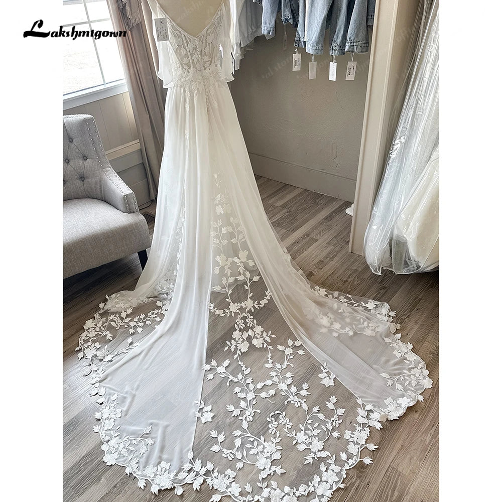 Roycebridal Spaghetti Straps Plunging V Neck Lace Chiffon Country Wedding Dress Vestido Boda Civil Beach Bridal Gown