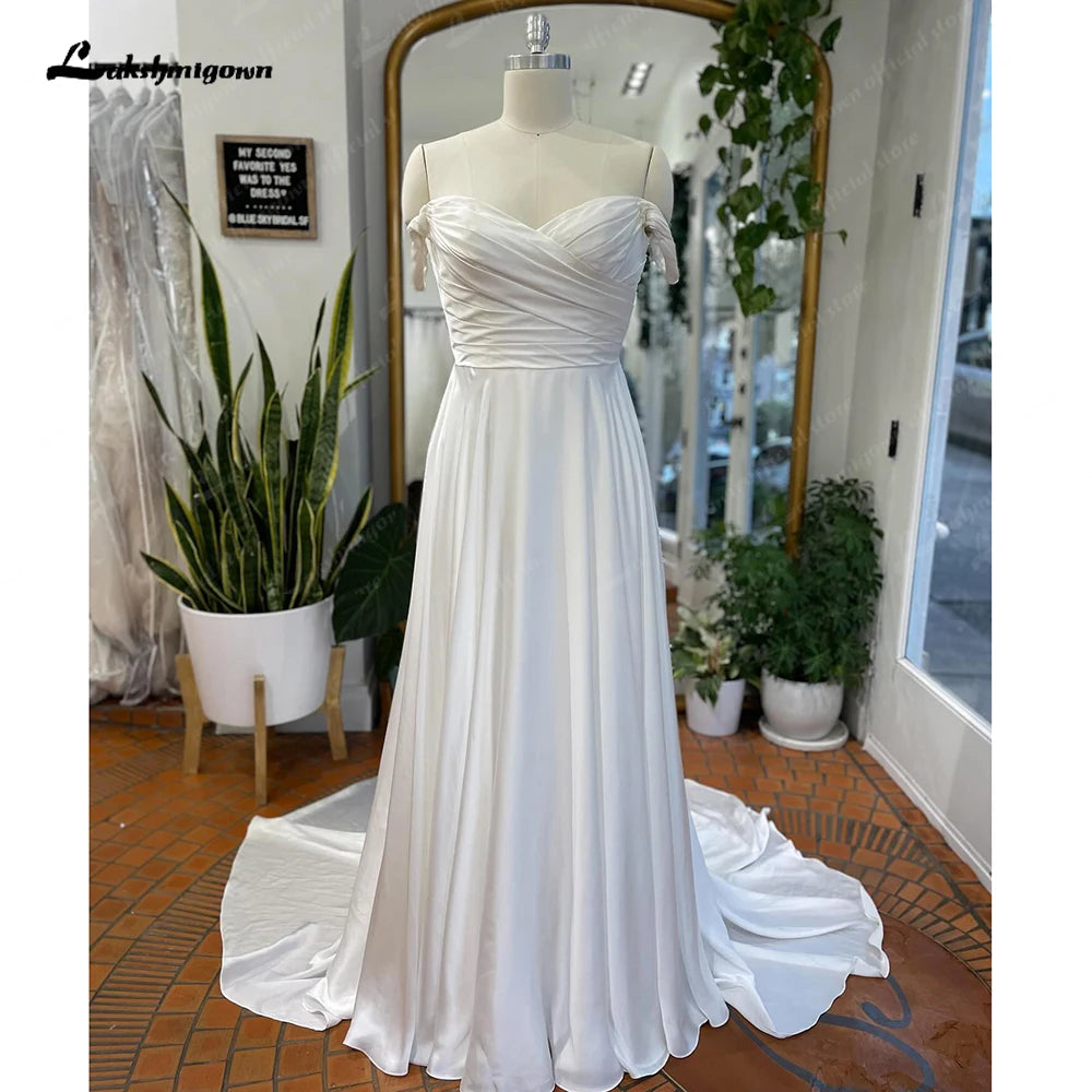 Roycebridal Off Shoulder Soft Satin Pleats Boho Wedding Dress for Women Off White Beach Wedding Reception Dress for Bride