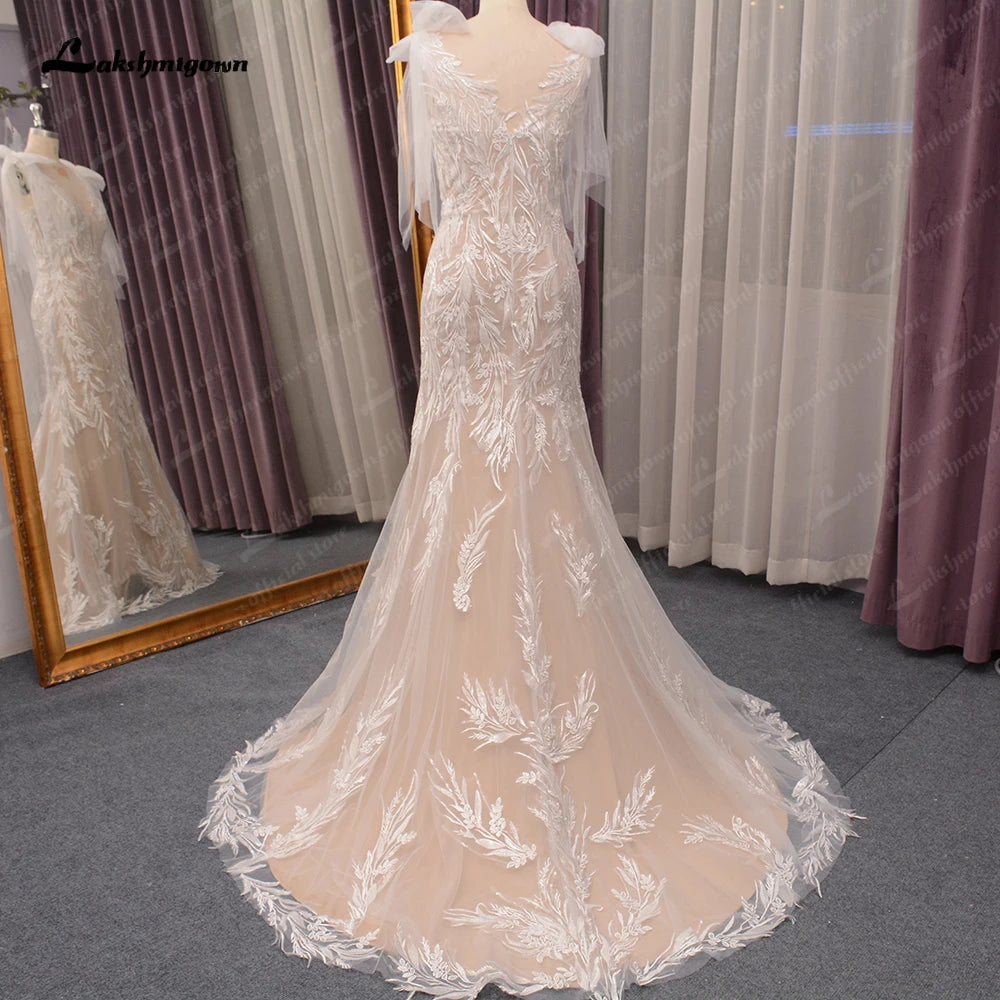Roycebridal Luxury Plunging Lace Mermaid Bridal Wedding Dress for Women Vestidos Novia Wedding Gowns Appliques with bow