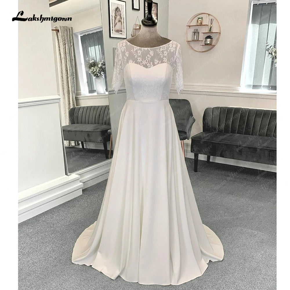 Roycebridal Halbarm Spitze Formale Brautkleider Bodenlangen A-Linie Satin Mit Falten 2025 Brautkleider