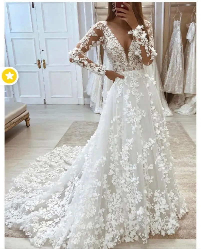 Roycebridal Chic 3D Lace Flowers Wedding Dress for women Long Sleeves Off White Lace Bridal Gown Vestido De Novia