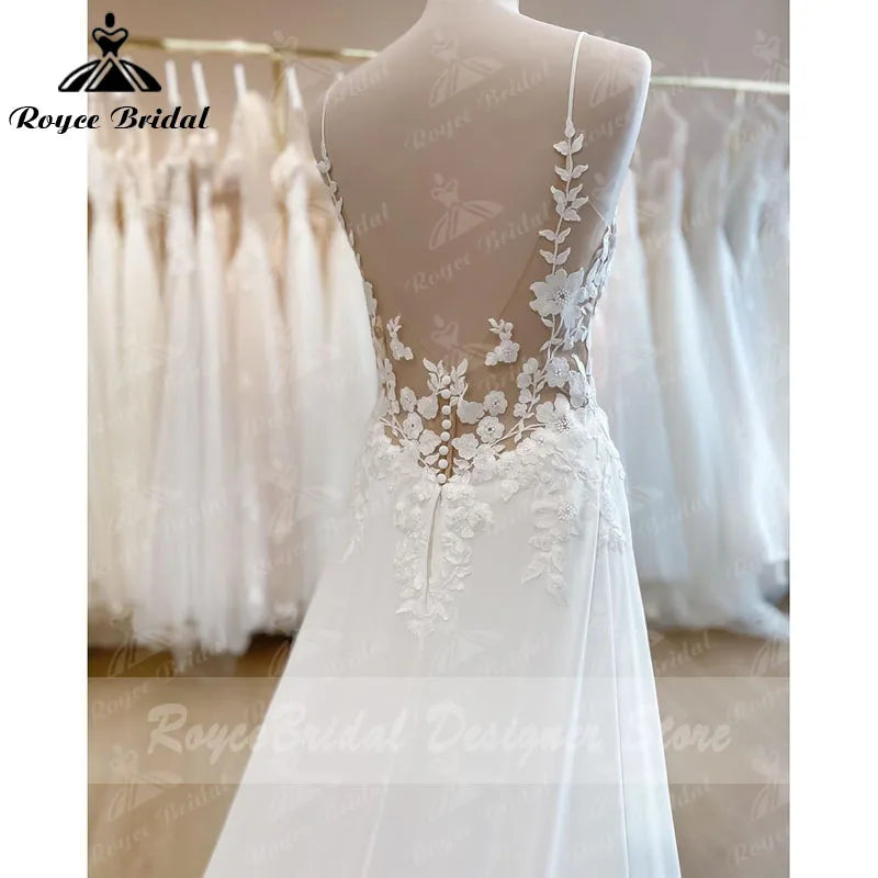 Boho Spaghettiträger Brautkleid V-Ausschnitt Spitze Applizierte Chiffon Rückenfrei
