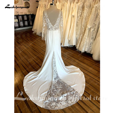 Roycebridal Vintage Spitze Langarm Boho Brautkleider 2025 Abito Da Sposa Sexy Weiche Satin Brautkleid Tiefer Offener Rücken