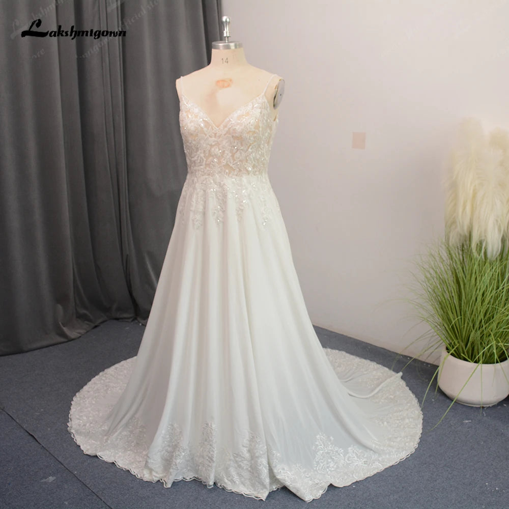 Roycebridal Spaghetti Straps Beach Wedding Dress for Women Beads Chiffon Bridal Gowns Open Back Real Photos New Arrival