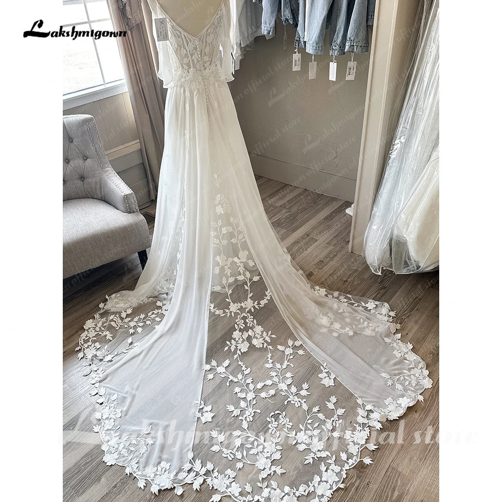 Roycebridal Spaghetti Straps Plunging V Neck Lace Chiffon Country Wedding Dress Vestido Boda Civil Beach Bridal Gown