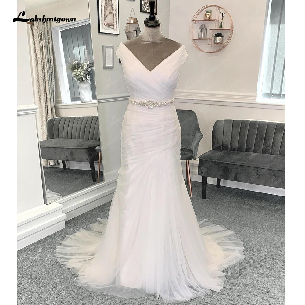 Roycebridal Tüll Plissee Meerjungfrau Formale Brautkleider mit Perlen Gürtel Off the Shoulder Off White 2025 Brautkleider