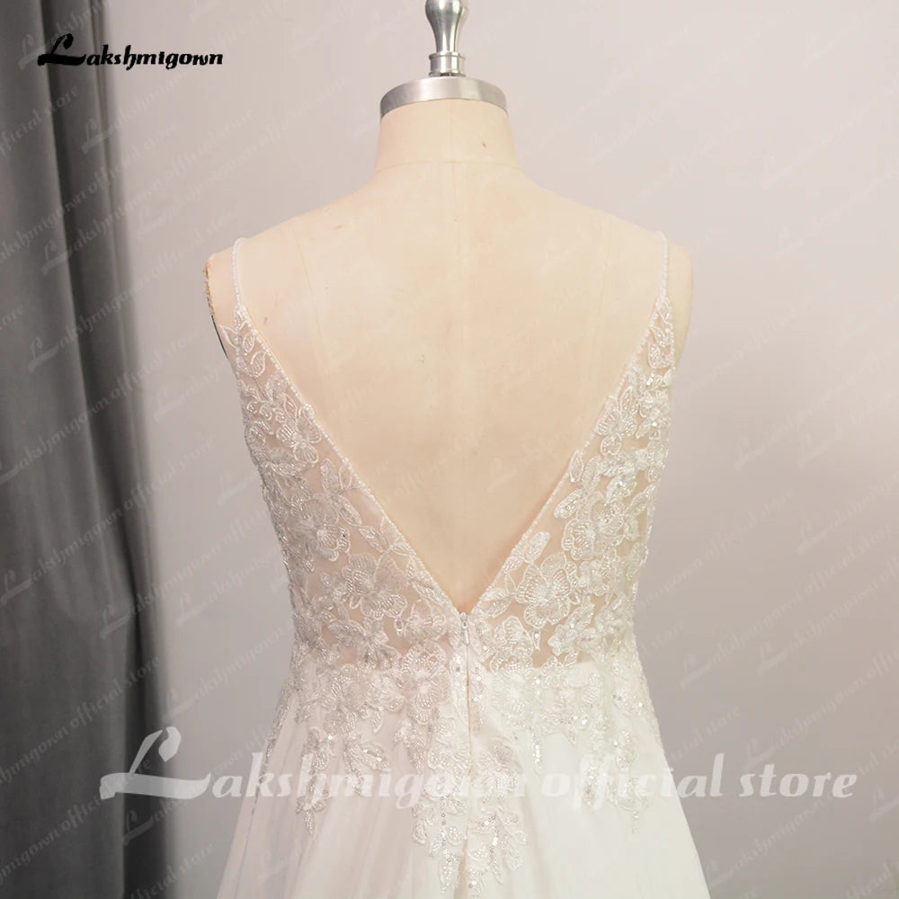 Roycebridal Spaghetti Straps Beach Wedding Dress for Women Beads Chiffon Bridal Gowns Open Back Real Photos New Arrival