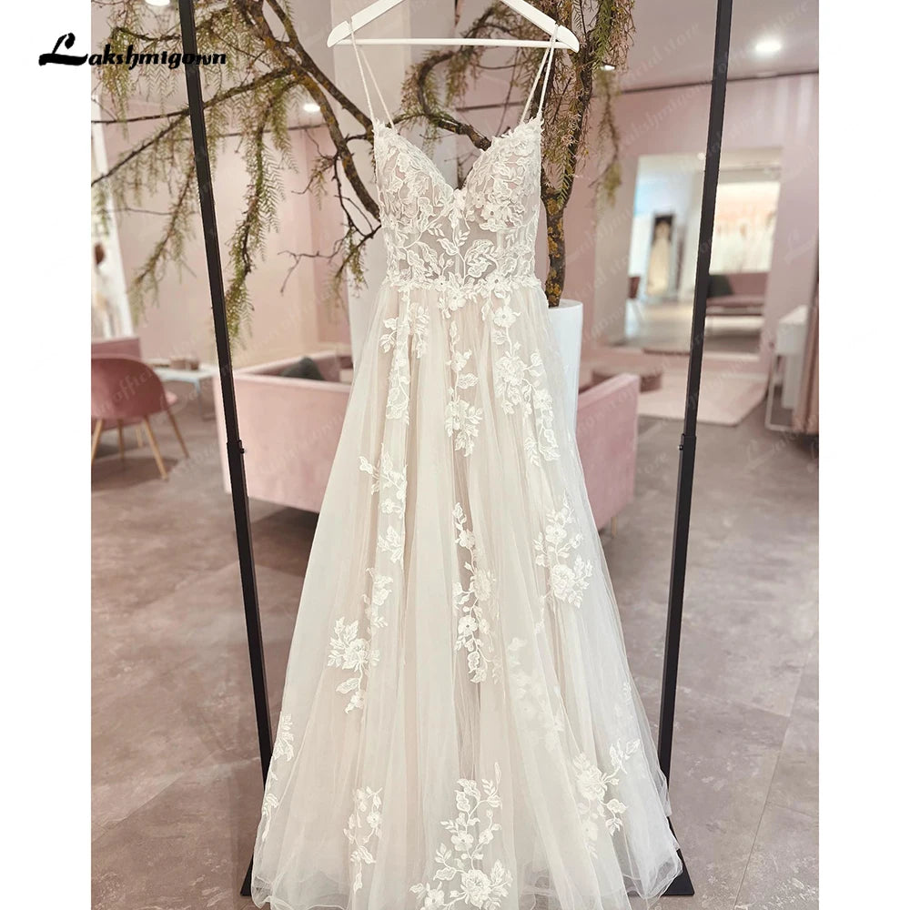 Robe de mariée à bretelles spaghetti Roycebridal 2025 Robe élégante longue de mariée Robes de mariée de plage Appliques en dentelle florale Robe de marie