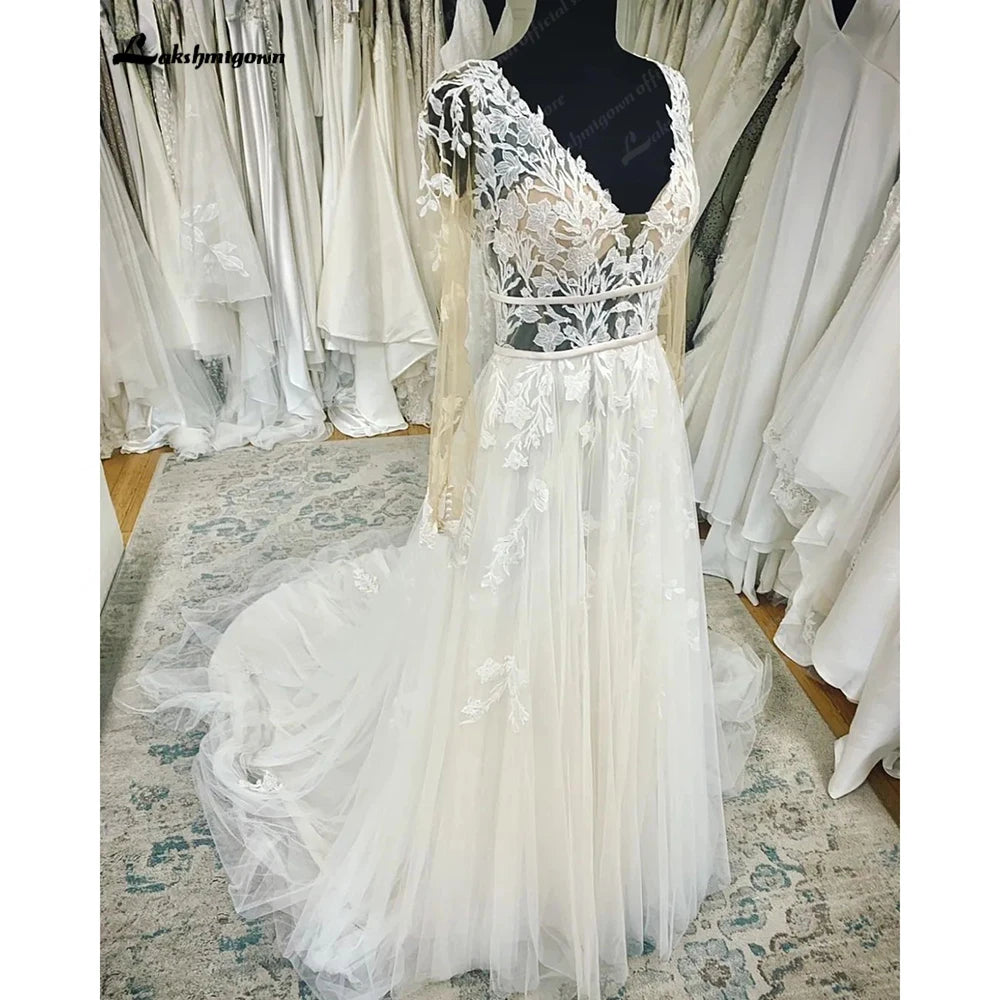 Robe de mariée bohème à manches longues en dentelle Roycebridal 2025 Abito Da Sposa Garden Robe de mariée bohème sexy à col en V