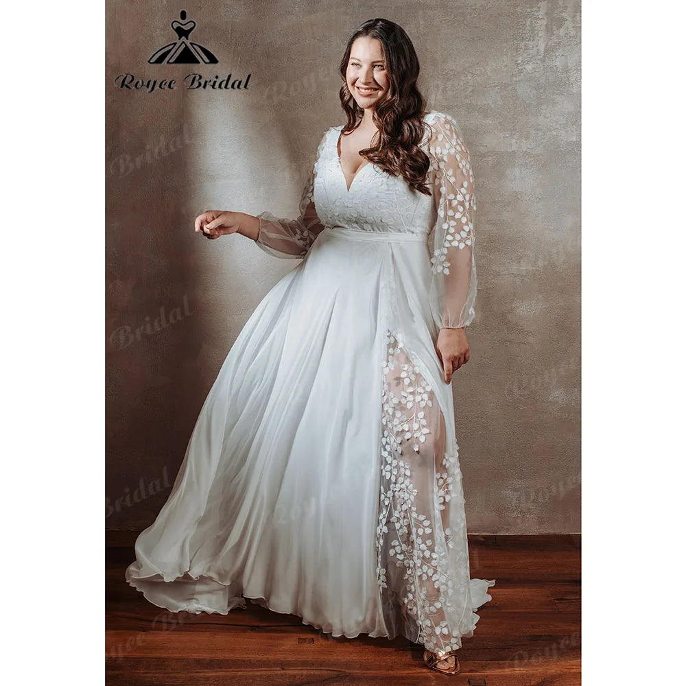 Boho Long Sleeve V Neck Lace Appliques Plus Size Wedding Dress