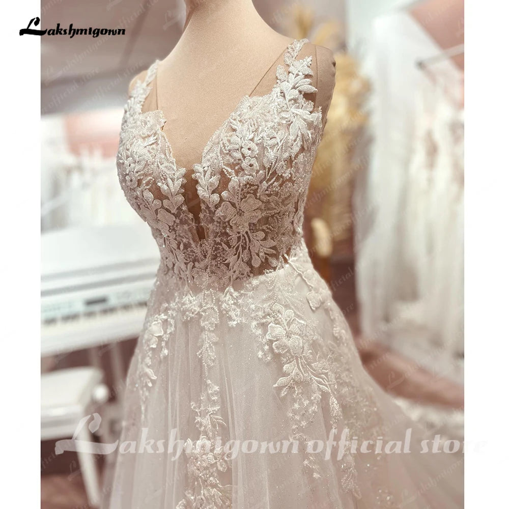 Roycebridal Boho Wedding Dress Tulle V-Neck Long Beach Wedding Dresses Vestidos De Novia Open Back Champagne Wedding Dress