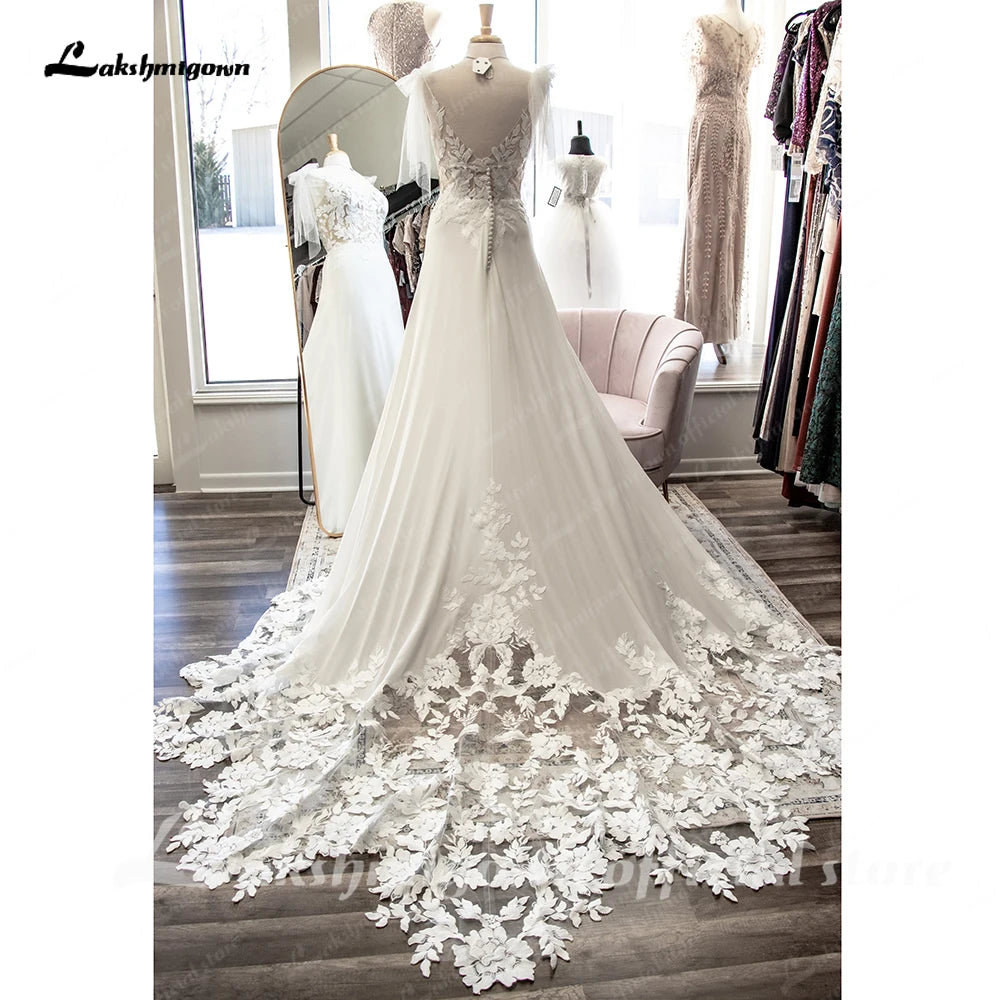 Roycebridal V Neck Lace Appliques A Line Chiffon Open Back Boho Wedding Dress