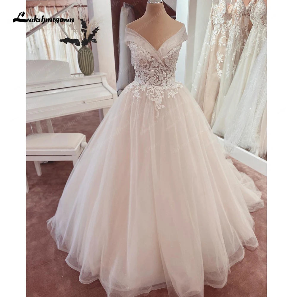 Robe de mariée blanche à col en V et perles en dentelle Lakshmigown, avec manches courtes, 2025