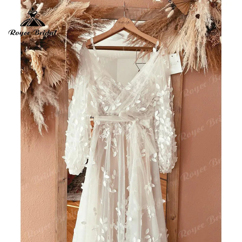 Boho Spaghetti Straps Lace Appliques A Line Wedding Dress with Jacket