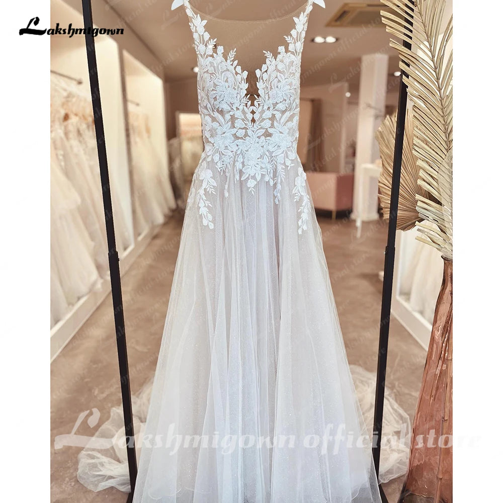 Robe de mariée illusion Roycebridal sans manches, dos nu, col rond, transparente, avec appliques, robe de mariée formelle