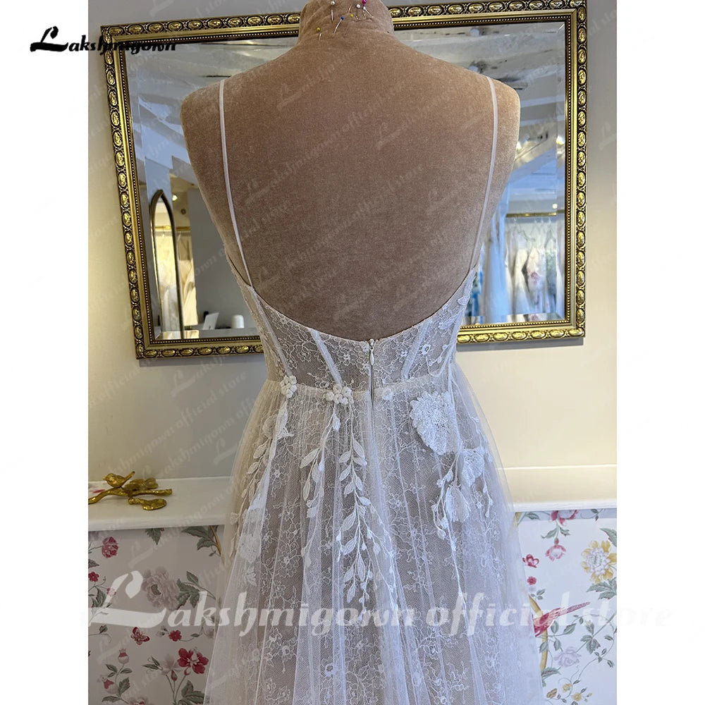 Roycebridal Split Side Lace Boho Women Wedding Dress for Bride Spaghetti Straps Wedding Gown batas de novia para