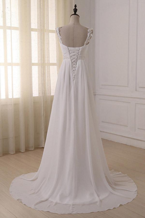 Roycebridal Simple White Chiffon V Neck Straps Wedding Dresses with Sweep Train, MW233
