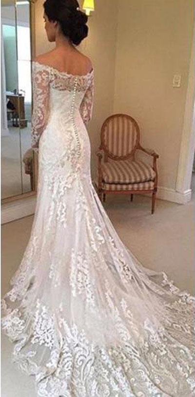 Roycebridal Weißes Brautkleid mit langen Ärmeln, schulterfrei, Spitze und Schleppe, MW236