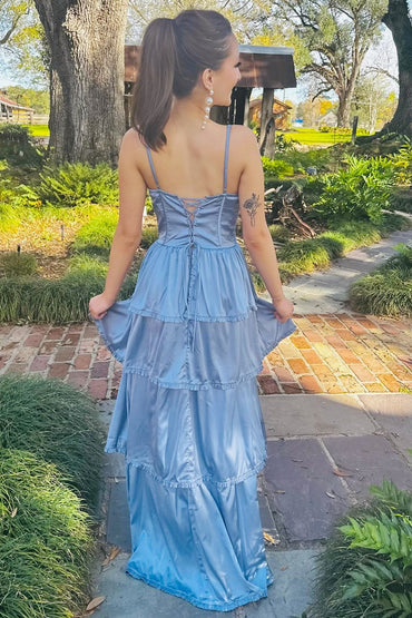 Roycebridal – Langes Ballkleid mit mehrlagigem Korsett und Rüschen in Periwinkle
