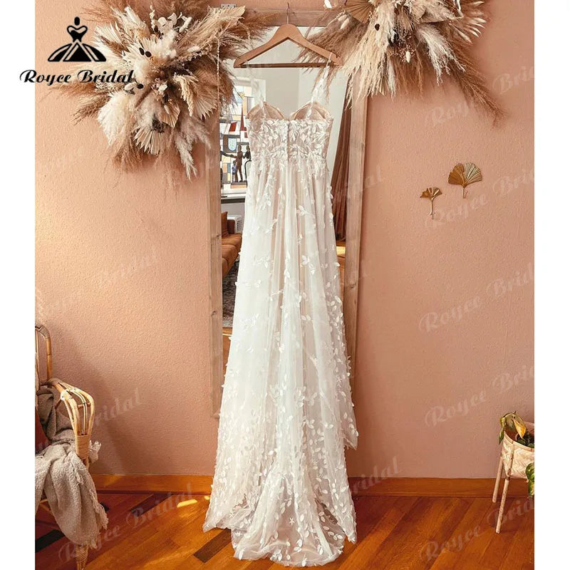 Boho Spaghetti Straps Lace Appliques A Line Wedding Dress with Jacket