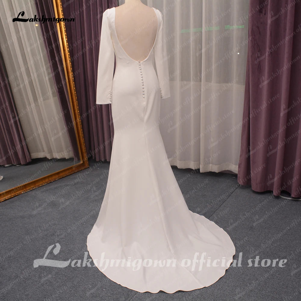 Roycebridal Simple Lpng Sleeves Wedding Dress for Women V Neckline Robe Mariage Civil Crepe Bridal Gown Brautkleid