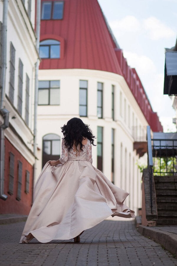 Satin A-line Illusion Long Sleeves Wedding Dresses With Lace Appliques, MW640 | a line v neck wedding dresses | satin lace wedding dress | plus size wedding dresses | www.musebridals.com