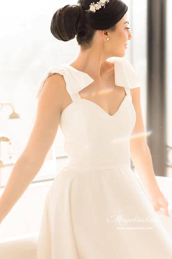 Satin A-line Sweetheart Court Train Wedding Dresses With Bowtie Straps, MW882 | cheap wedding dresses | wedding dress stores | vintage wedding dress | musebridals.com