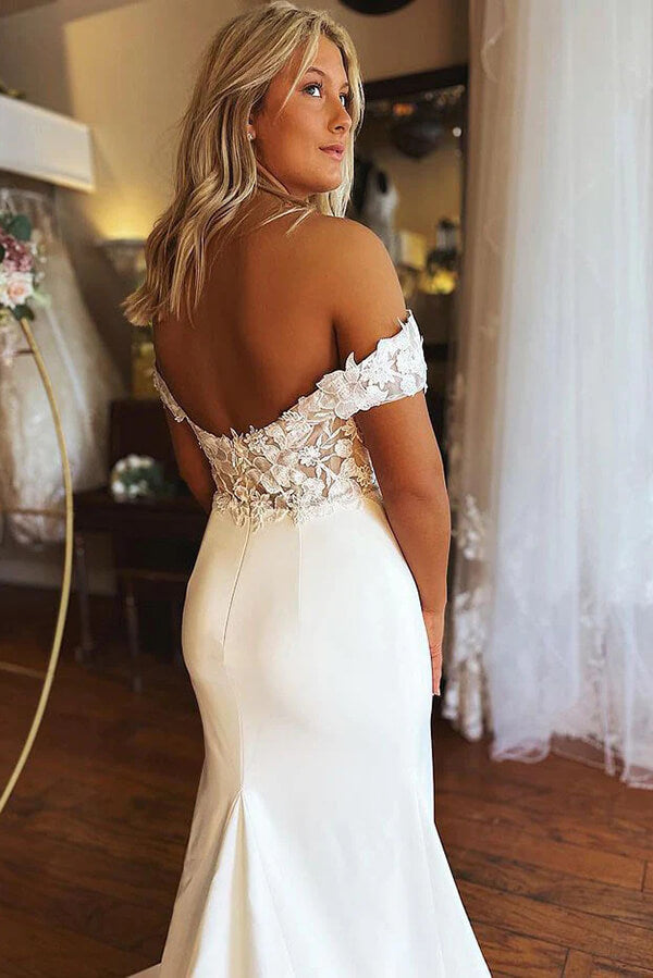 Satin Lace Mermaid Off-the-shoulder Wedding Dresses, Wedding Gowns, MW754 | cheap lace wedding dresses | vintage wedding dresses | bridal gown | musebridals.com