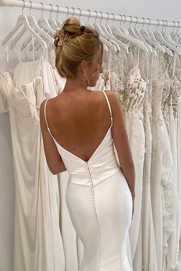 Satin Mermaid Spaghetti Straps Pleated Wedding Dresses, Bridal Gown, MW896 | v neck wedding dress | wedding dresses near me | bridal style | musebridals.com