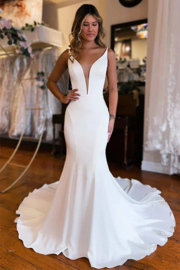 Satin Mermaid Plunge V-neck Backless Court Train Wedding Dresses, MW1017 | simple wedding dress | vintage wedding dress | cheap wedding dress | musebridals.com