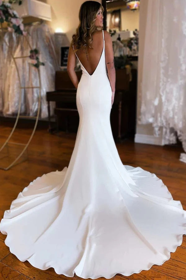 Satin Mermaid Plunge V-neck Backless Court Train Wedding Dresses, MW1017 | bohemian wedding dress | bridal gown | beach wedding dress | musebridals.com