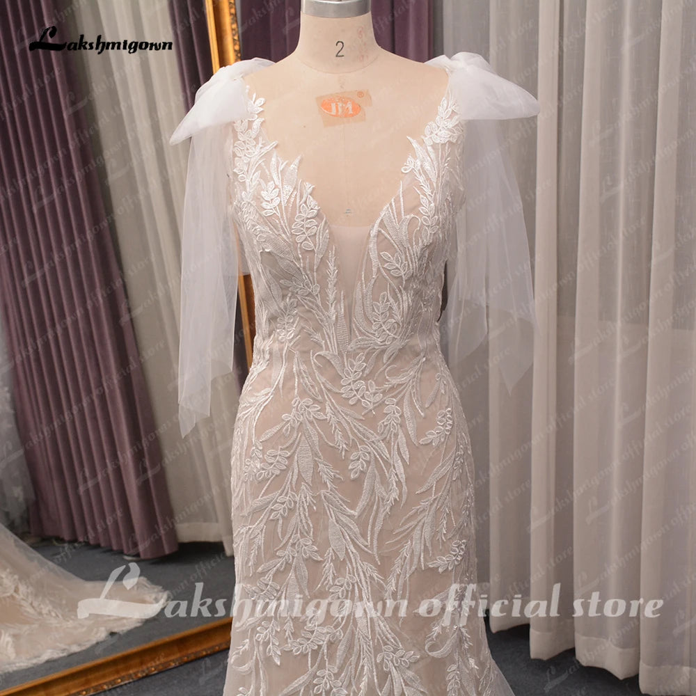Roycebridal Luxury Plunging Lace Mermaid Bridal Wedding Dress for Women Vestidos Novia Wedding Gowns Appliques with bow