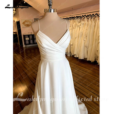Roycebridal Boho V-Ausschnitt Hochzeitskleid für Frauen 2025 Falten Standesamt Braut Strand Brautkleider Spaghettiträger