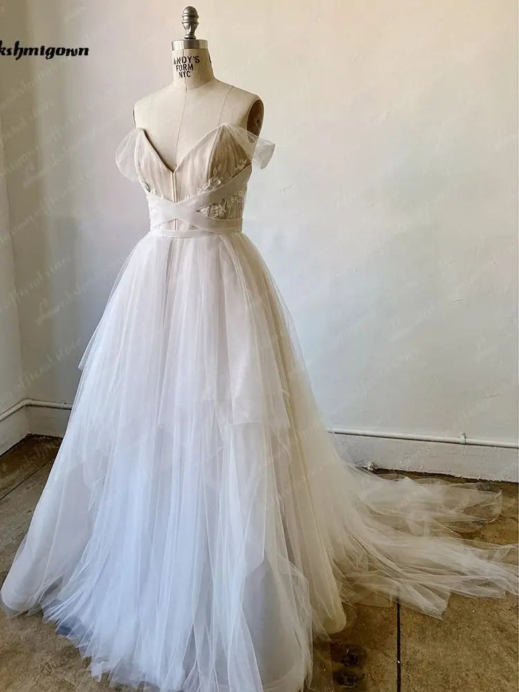 Roycebridal Champagner Boho Brautkleider aus der Schulter Vestidos de Novia Spitze Applikationen Braut Kleider свадебное пла