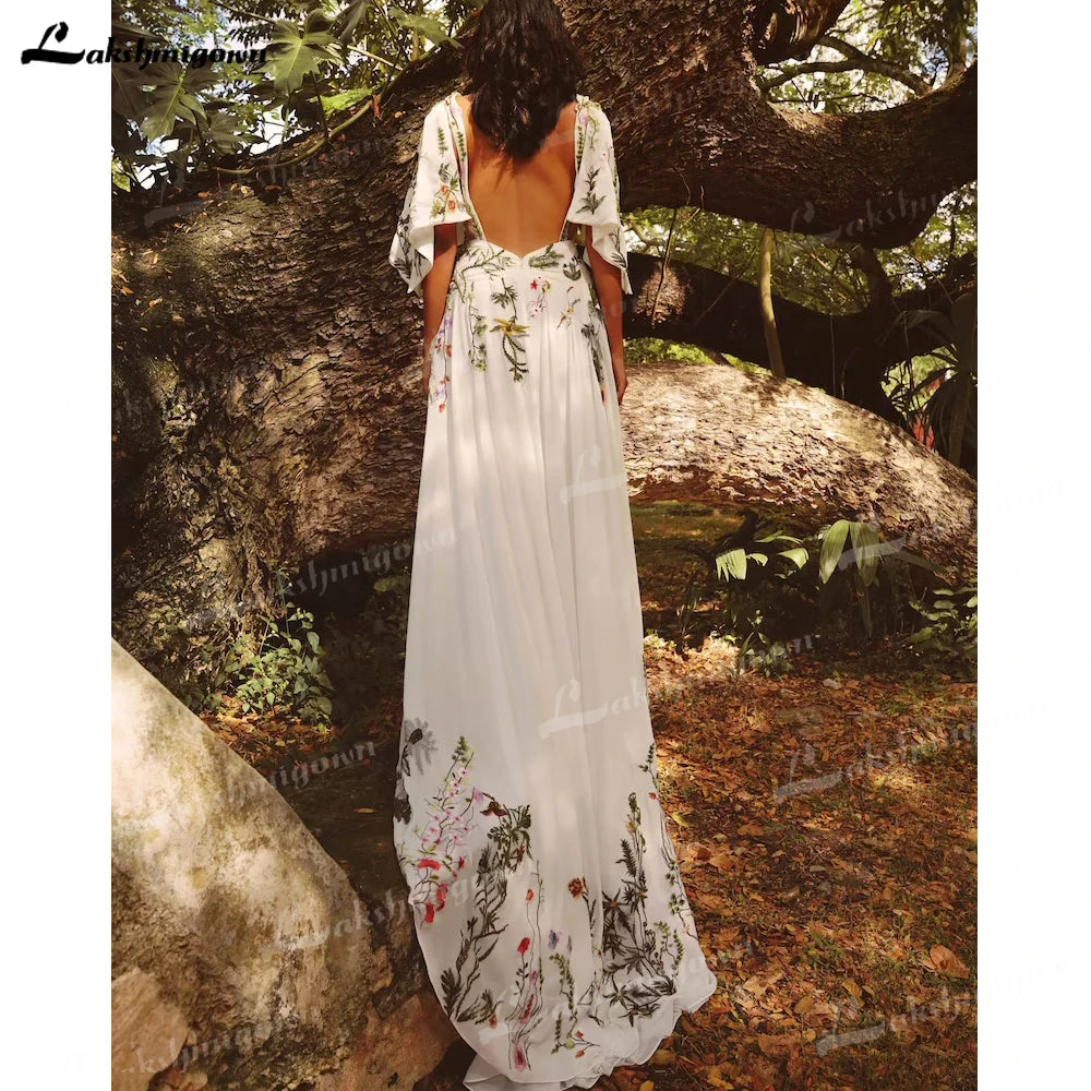 Robe de mariée bohème chic et colorée brodée Roycebridal, sexy, col en V, manches courtes, dos nu, mousseline de soie, plage, bohème