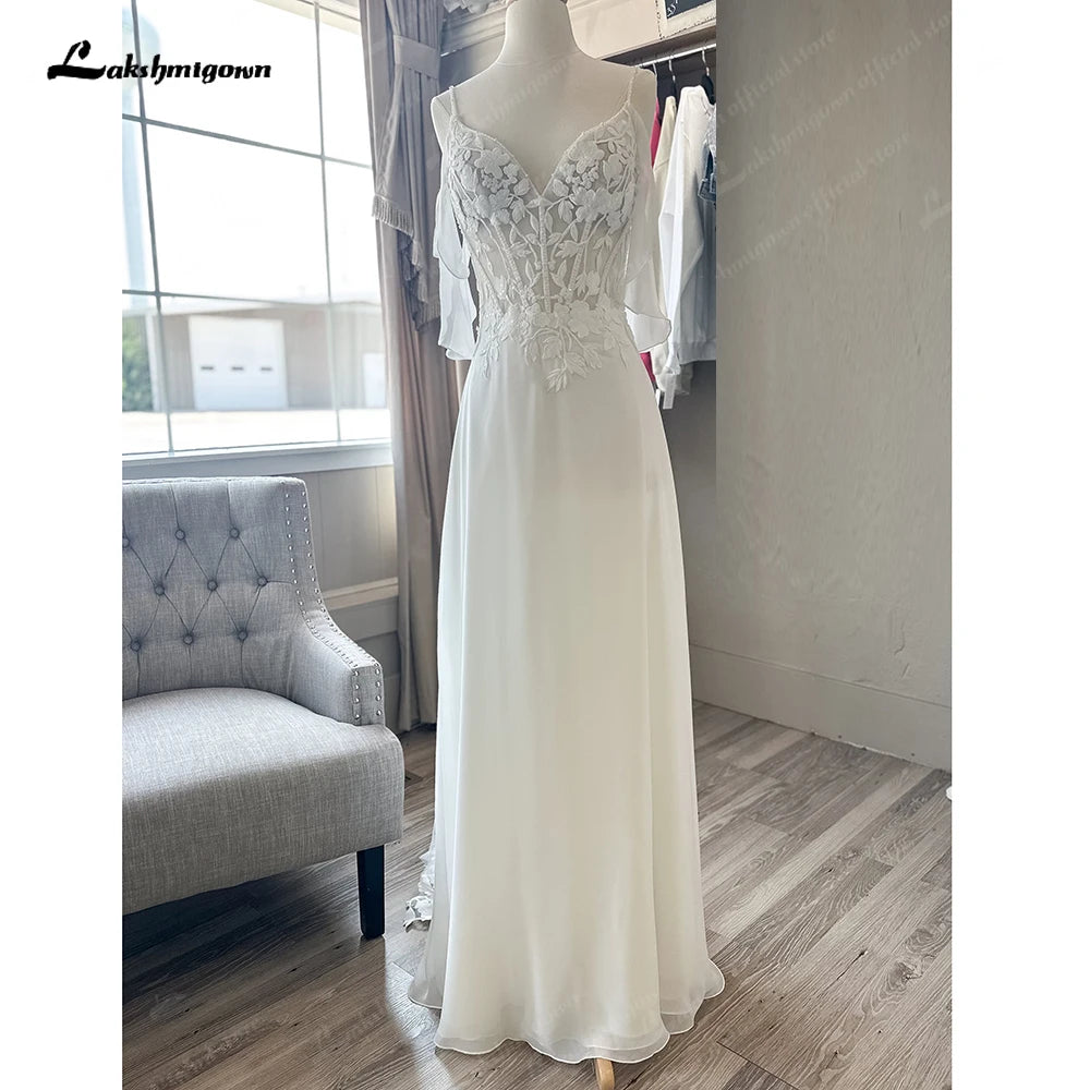 Roycebridal Spaghetti Straps Plunging V Neck Lace Chiffon Country Wedding Dress Vestido Boda Civil Beach Bridal Gown