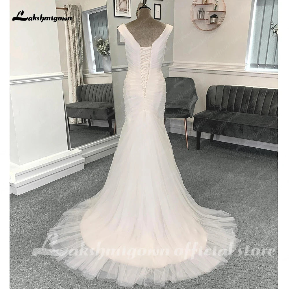 Roycebridal Tüll Plissee Meerjungfrau Formale Brautkleider mit Perlen Gürtel Off the Shoulder Off White 2025 Brautkleider
