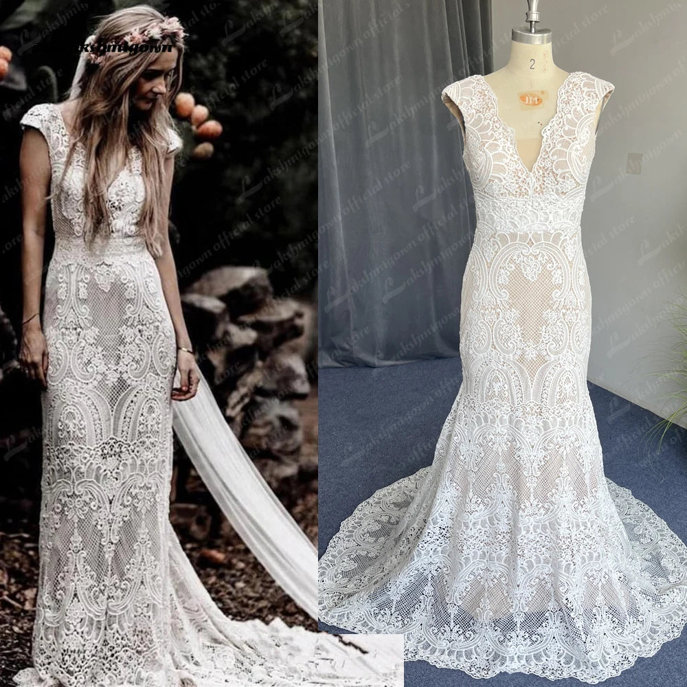 Robe de mariée sirène en dentelle style bohème, style bohème, style civil, dos nu, sexy