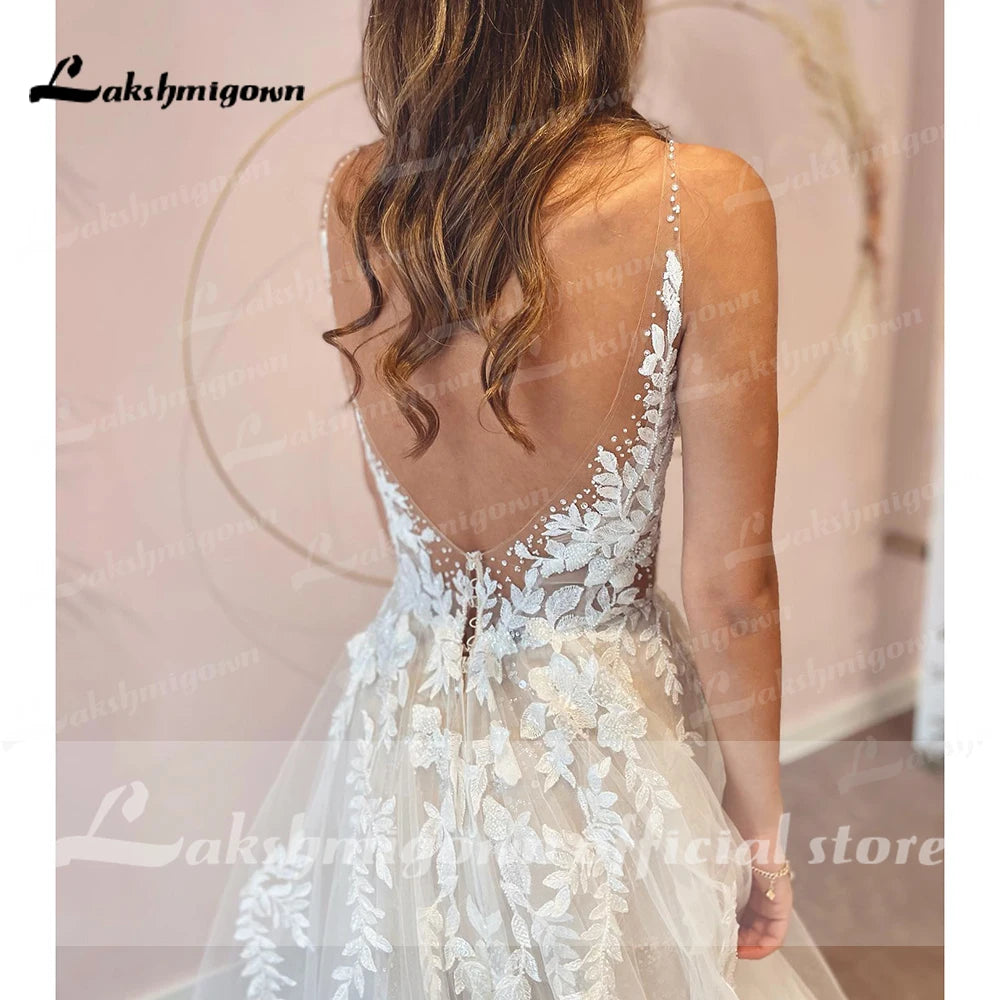 Sexy A-Line Backless Wedding Dress Vintage Lace Applique Beaded Off White Tulle Wedding Gowns Trouwjurk Long Bridal Dress