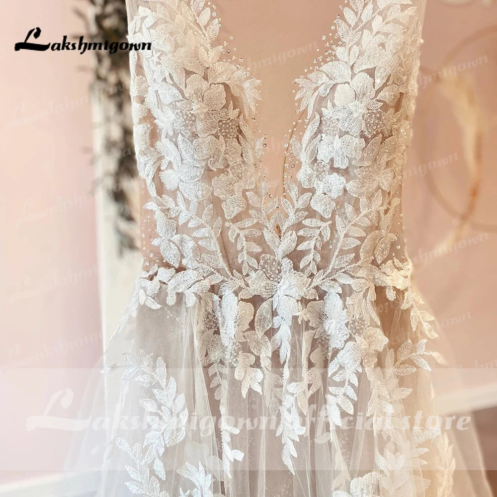 Sexy A-Line Backless Wedding Dress Vintage Lace Applique Beaded Off White Tulle Wedding Gowns Trouwjurk Long Bridal Dress
