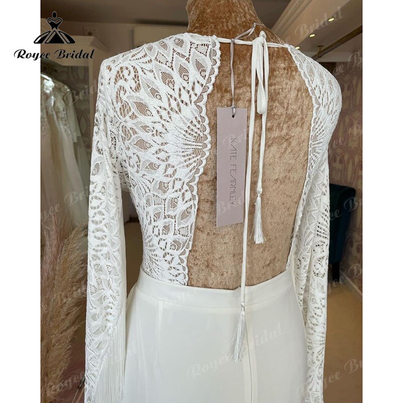 Robe de mariée sirène bohème sexy 2025, robe civile en satin à pompons, manches longues, corsage en dentelle bohème, dos ouvert