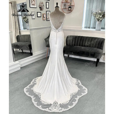 Sexy Boho Zivil Meerjungfrau Spitze V-Ausschnitt Crêpe Brautkleid Spaghettiträger Empfangskleider für die Braut Kleid Robe de Soirée