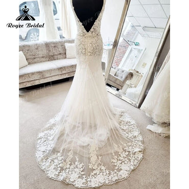Roycebridal – Robe de mariée sirène sexy à décolleté en V profond et dos nu avec appliques en dentelle, style trompette et traîne, 2025