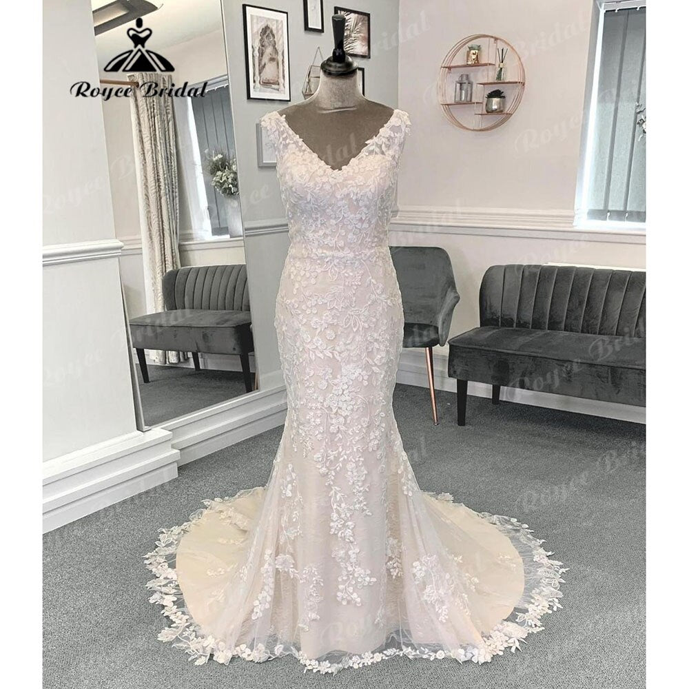 Roycebridal Sexy Spitze Appliques Chamapgne Meerjungfrau Backless Hochzeit Kleid für Frauen 2024 Brautkleid Nach Maß vestido de boda corte sirena