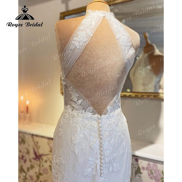 Roycebridal Sexy Meerjungfrau Halfter Brautkleid Open Back Spitze Applizierte Tüll Trompete Brautkleider Brautkleider Vestido de Boda Corte Sirena