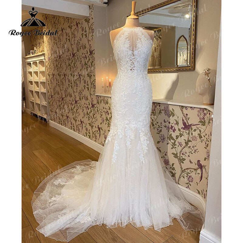 Roycebridal Sexy Mermaid Halter Wedding Dress Open Back Lace Appliqued Tulle Trumpet Bridal Gowns Wedding Gowns vestido de boda corte sirena