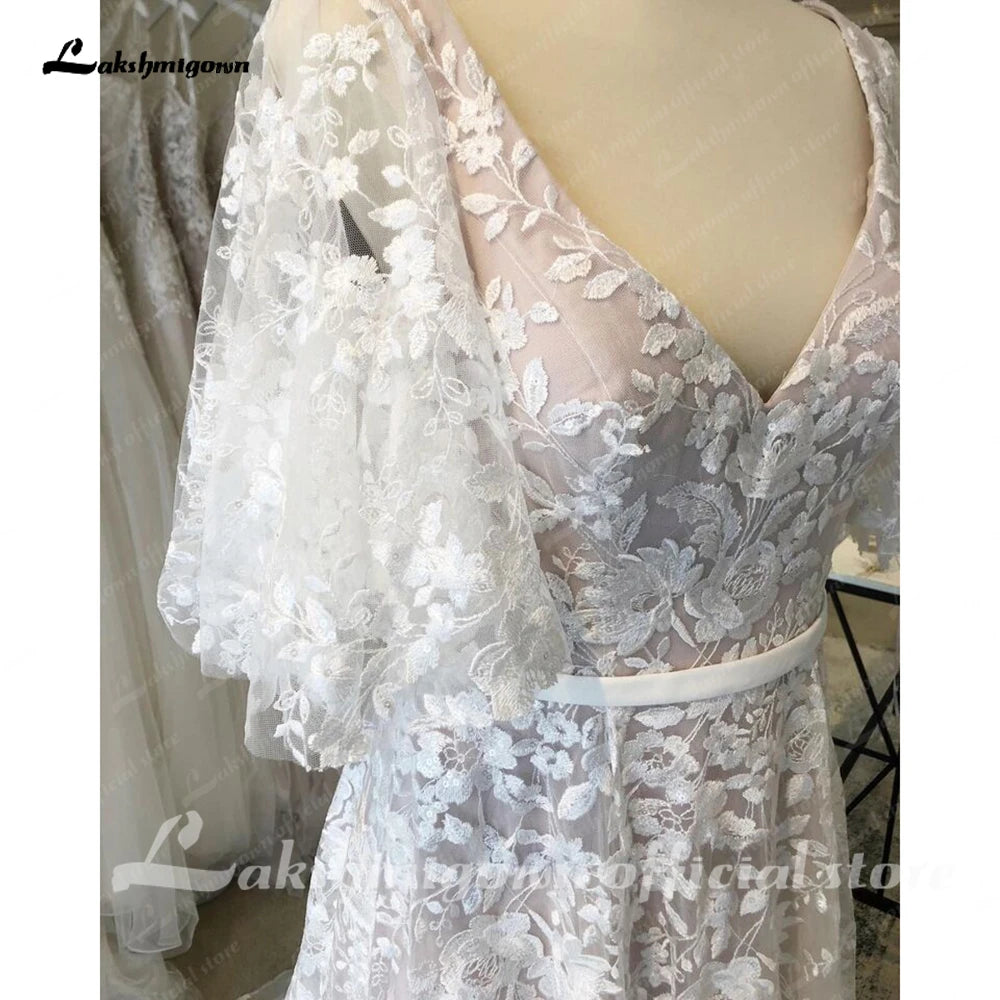 Roycebridal Roycebridal Robes de mariée bohèmes à manches mi-longues et col en V avec appliques en dentelle ivoire