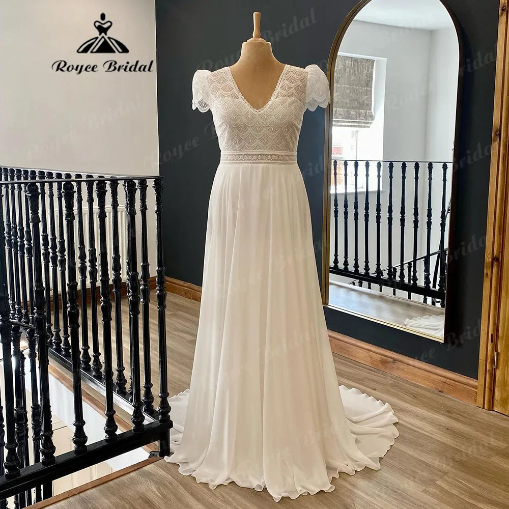 Vestidos Summer Beach Lace Bodice Chiffon Boho V Neck Wedding Dress with Short Cap Sleeve Bridal Gown Robe Mariee Elegant