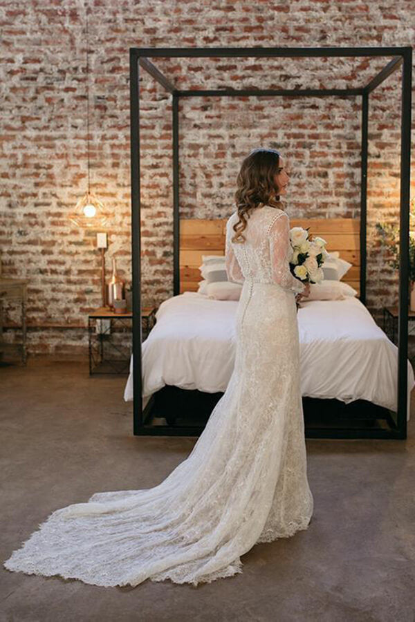 Sheath Lace Long Sleeves Beaded Wedding Dresses, Vintage Bridal Gown, MW813 | Bohemian wedding dresses | Long sleeves wedding dresses | bridal gowns | musebridals.com