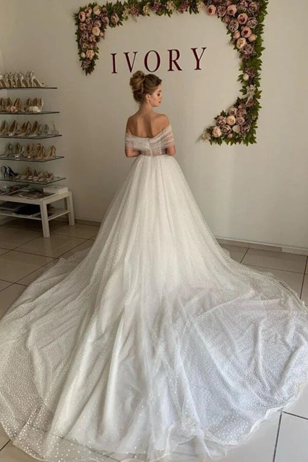 Shiny Ivory Tulle A-line Off Shoulder Wedding Dresses, Bridal Gowns, MW849 | simple wedding dress | wedding gown | bridal dresses | musebridals.com